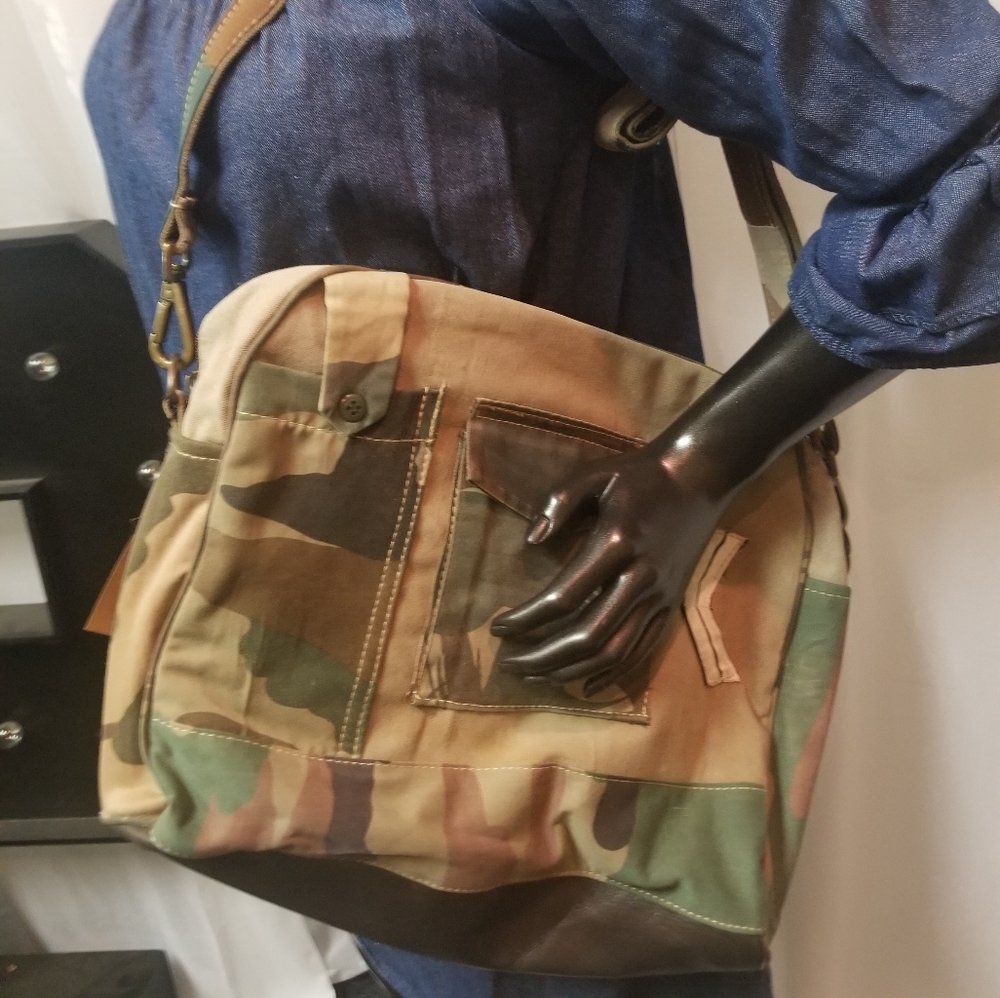 Camo Recycled Military Tent Messenger Bag - Unisex. One of a kind.